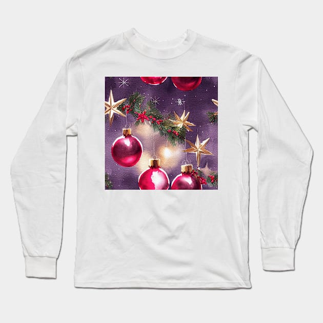 Multi-color Red and Green Watercolor Christmas Tree with Ball Ornaments Long Sleeve T-Shirt by VintageFlorals